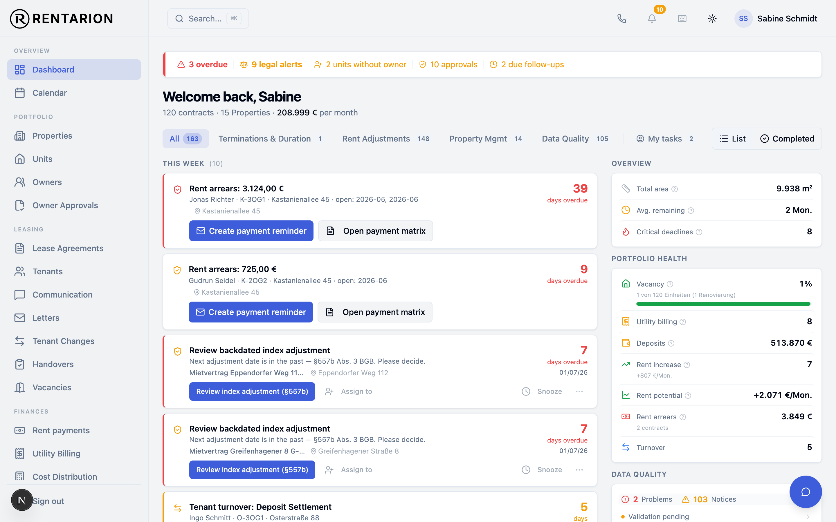 The Rentarion task cockpit: prioritised tasks, deadlines and portfolio status at a glance