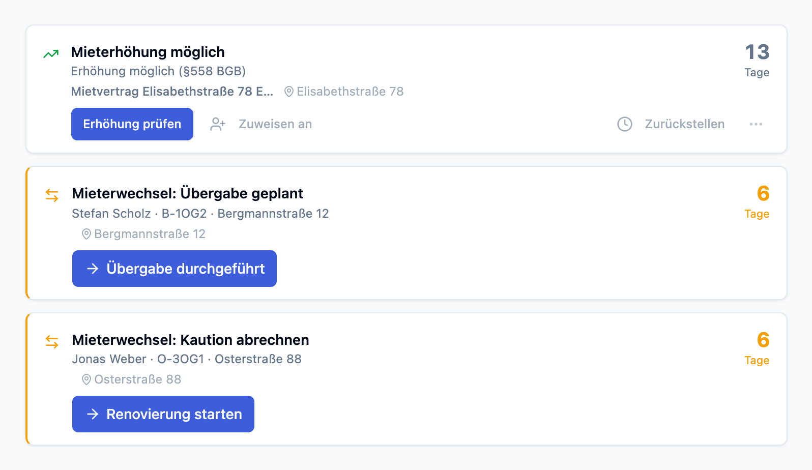 Aufgabenkarten aus dem Vermieter-Cockpit: Mieterhöhung möglich, Übergabe geplant, Kaution abrechnen - mit Frist in Tagen