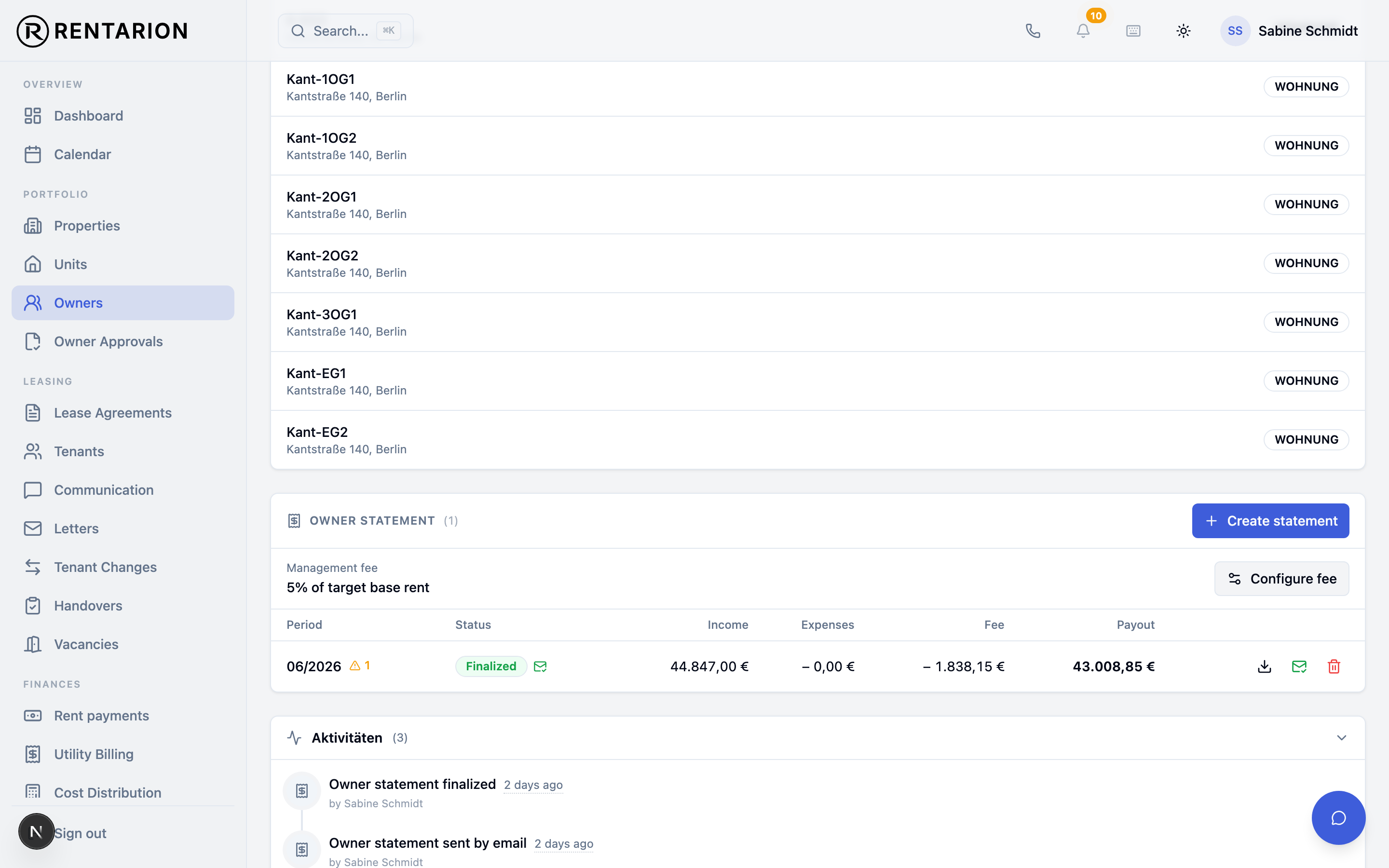 Owner and asset report in Rentarion