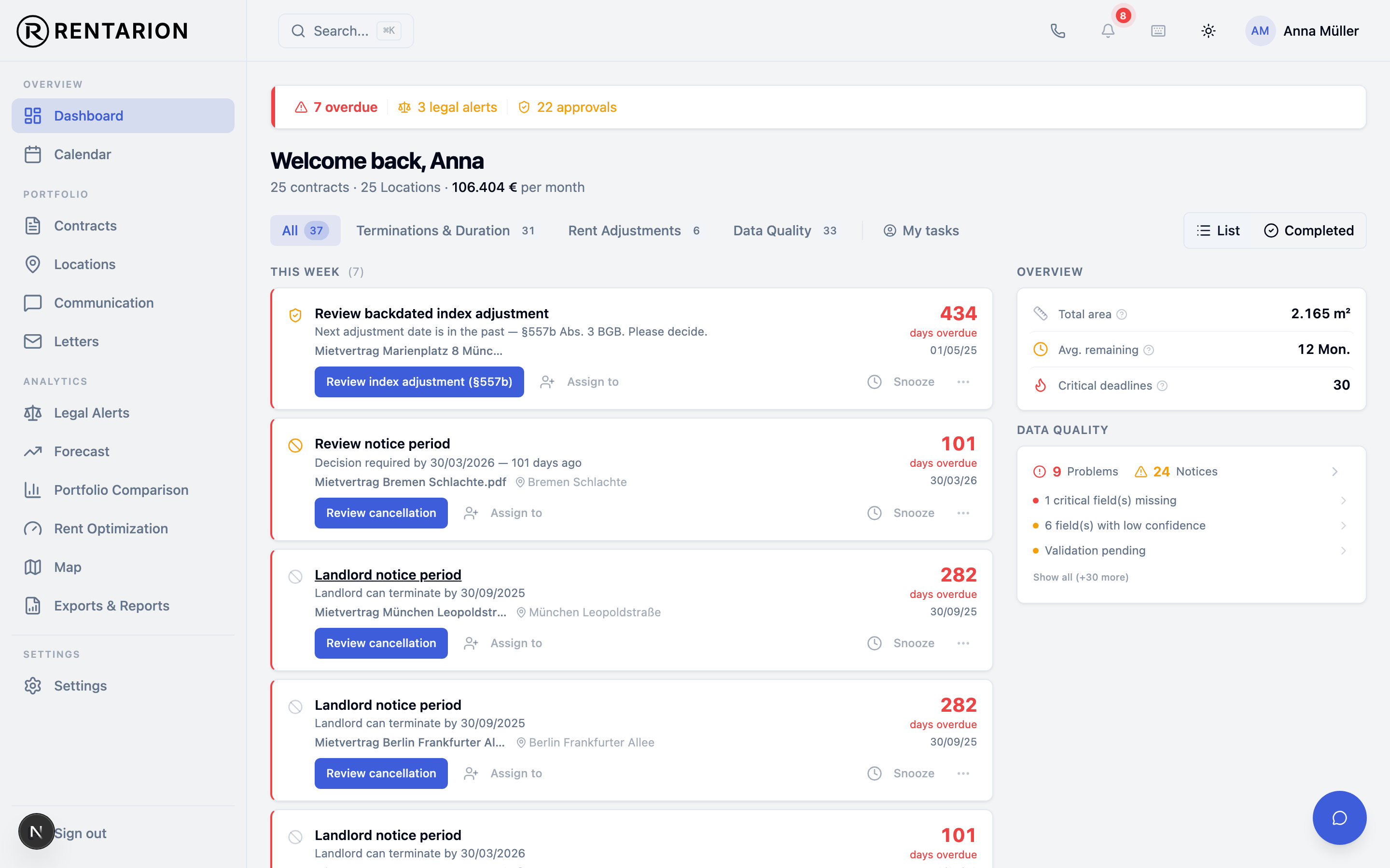 Rentarion deadline cockpit for tenant portfolios with prioritised tasks