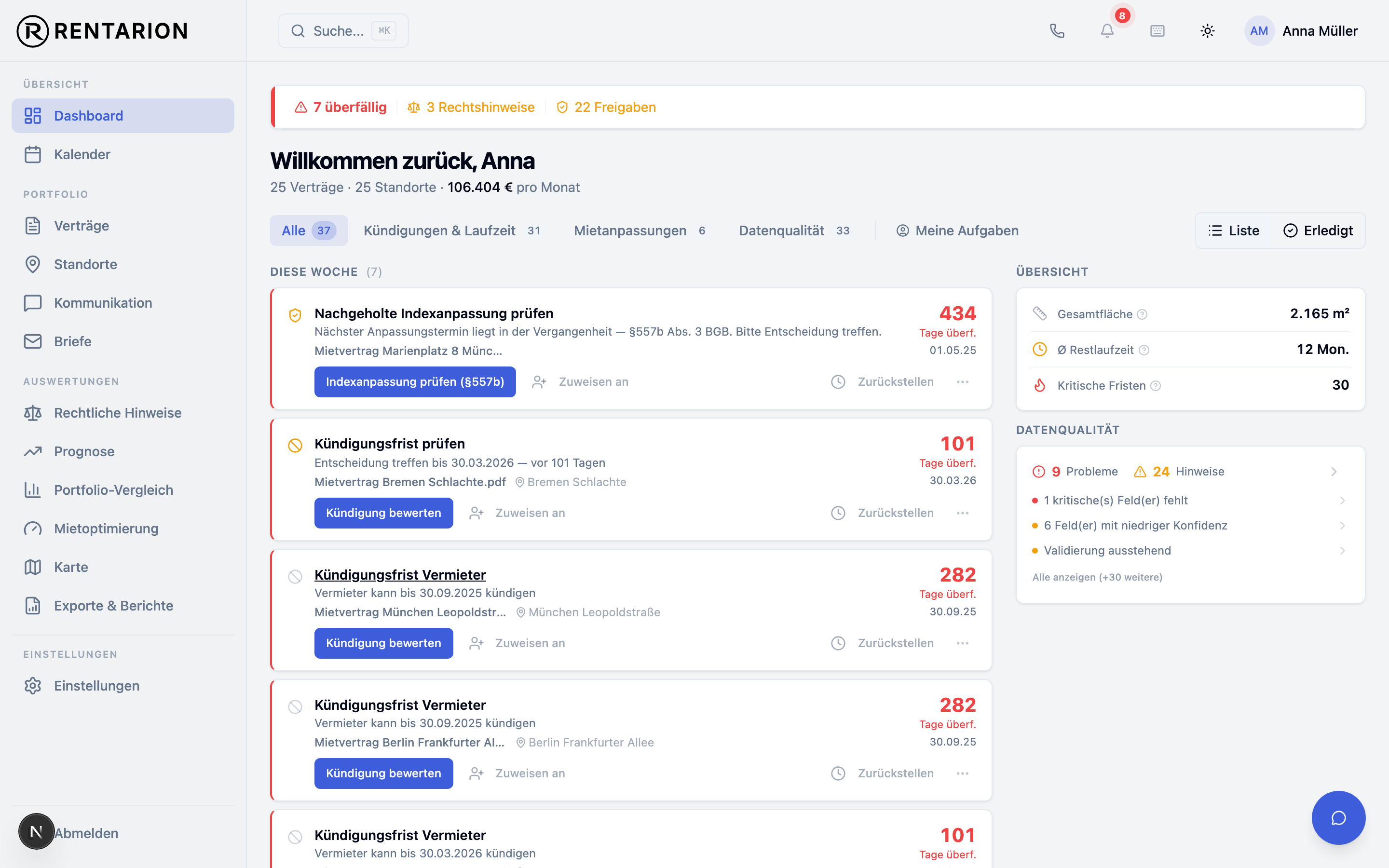 Rentarion Fristen-Cockpit für Mieter-Portfolios mit priorisierten Aufgaben
