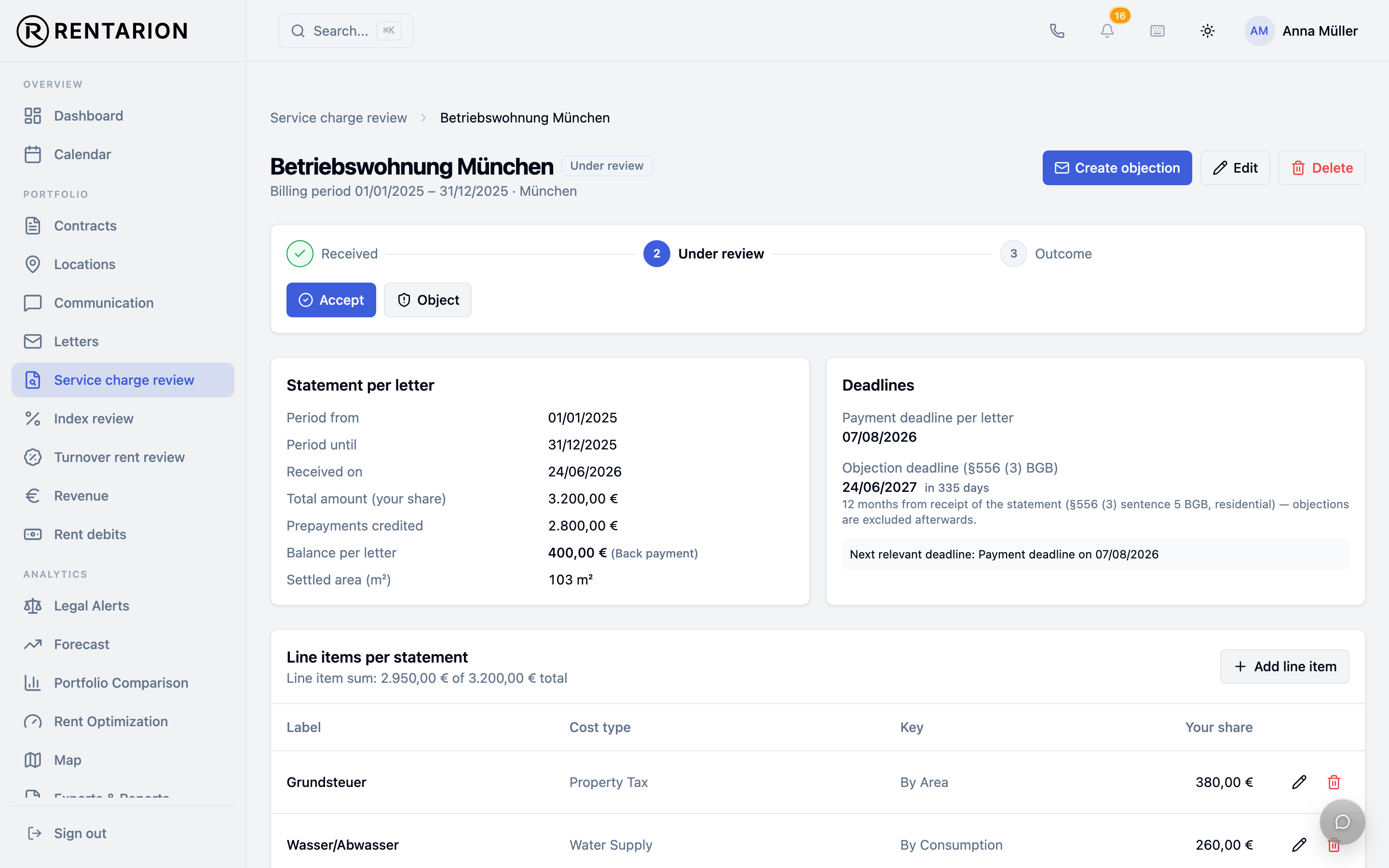 Service charge review with findings and objection deadline in Rentarion