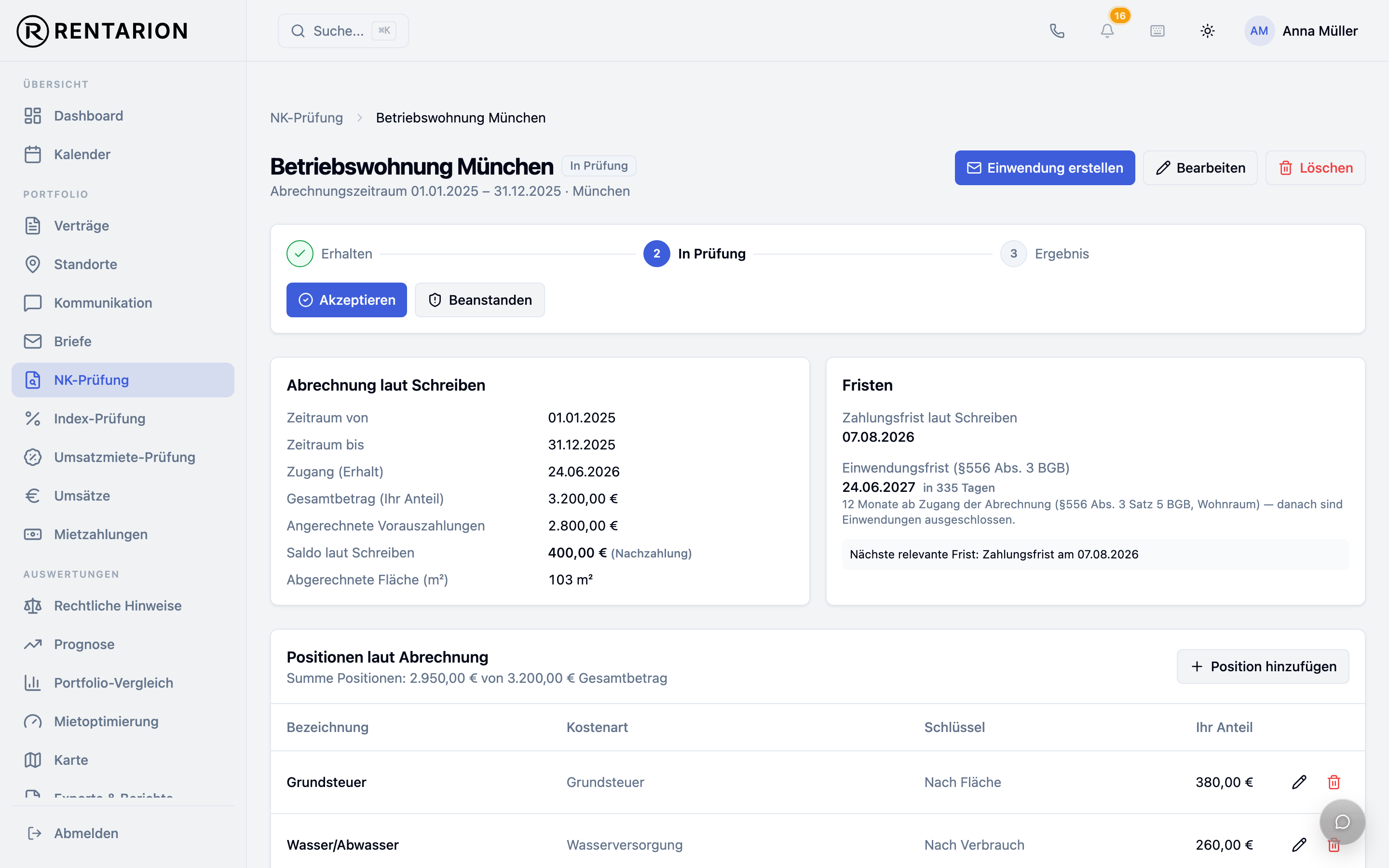 NK-Prüfung mit Befunden und Einwendungsfrist in Rentarion