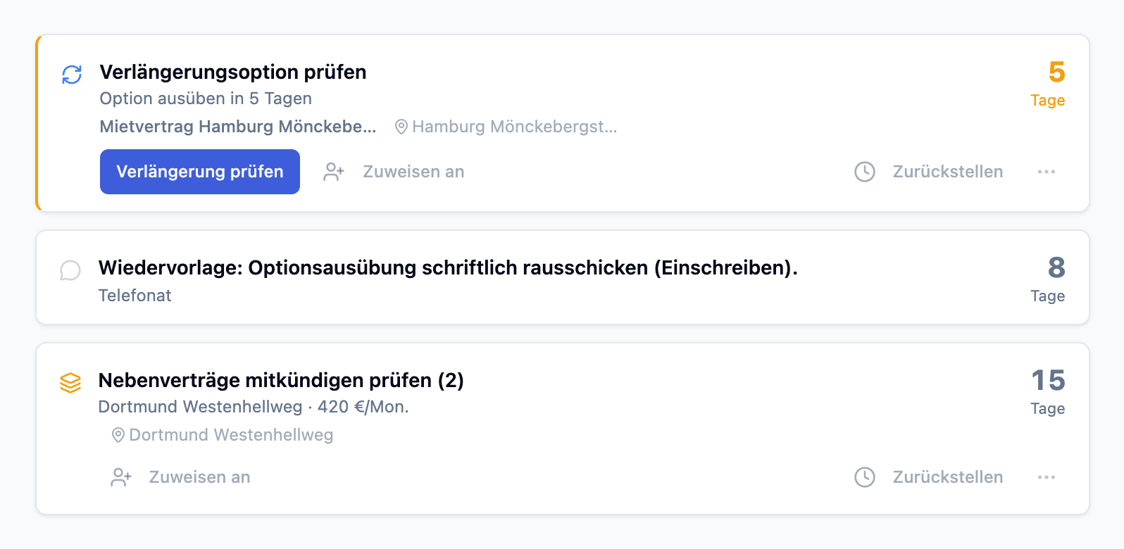 Aufgabenkarten aus dem Filialisten-Cockpit: Verlängerungsoption prüfen, Wiedervorlage, Nebenverträge